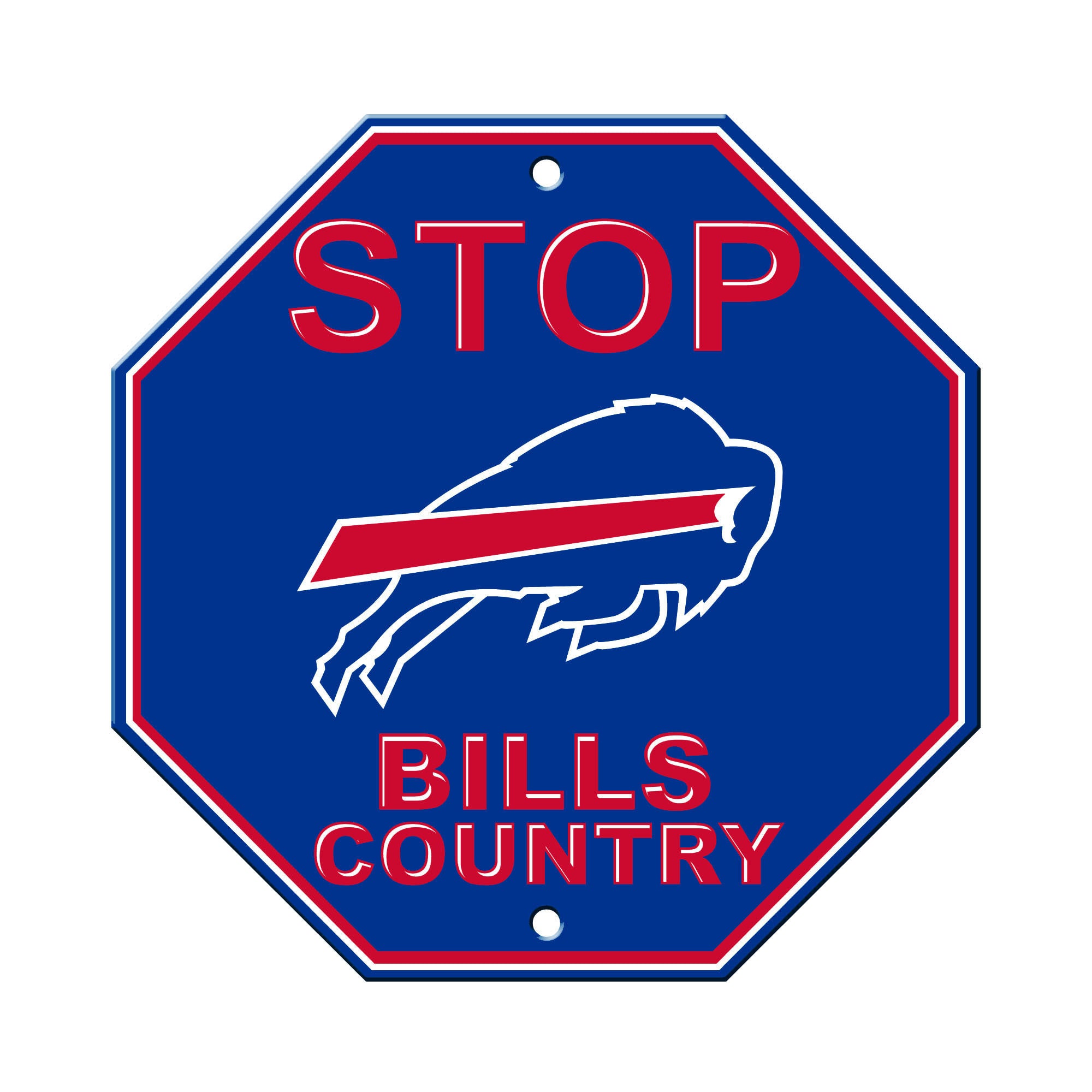 Octagon stop-style plastic sign with blue background, red STOP, buffalo icon, Bills Country text