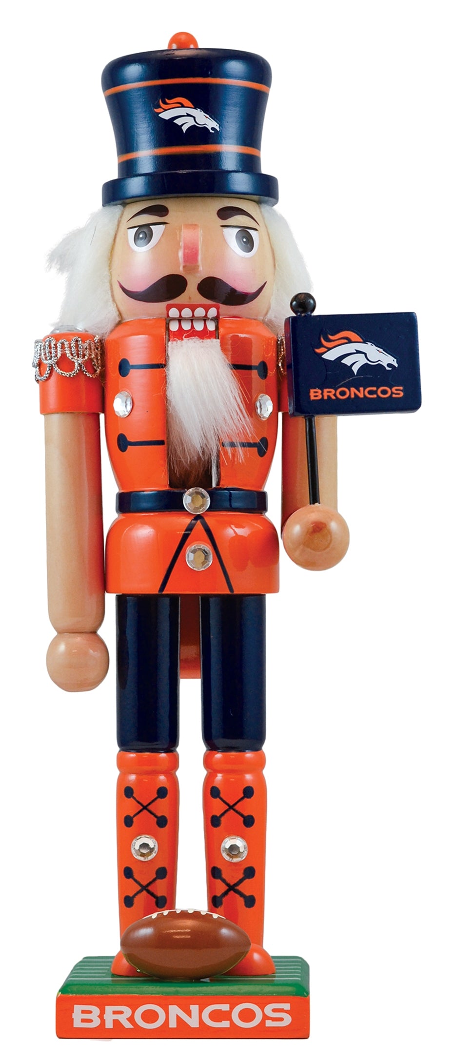 Denver Broncos wood nutcracker figure with blue hat, orange suit, white beard, holding team sign