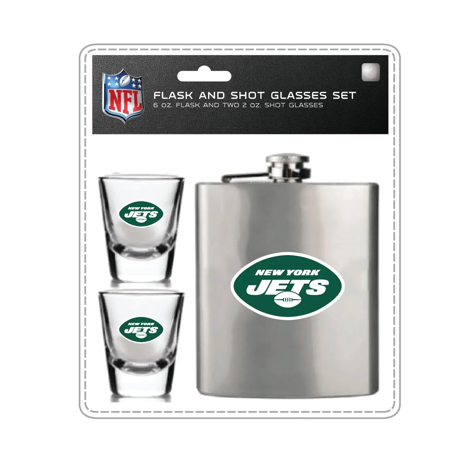New York Jets flask and two shot glasses, stainless steel with team logo