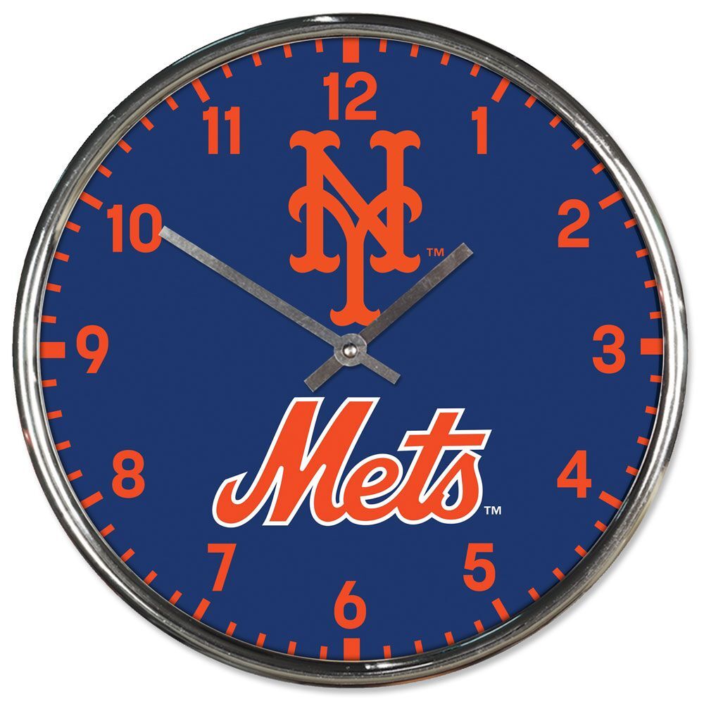 Round wall clock with blue Mets face, orange hour numerals, chrome rim, silver hands.