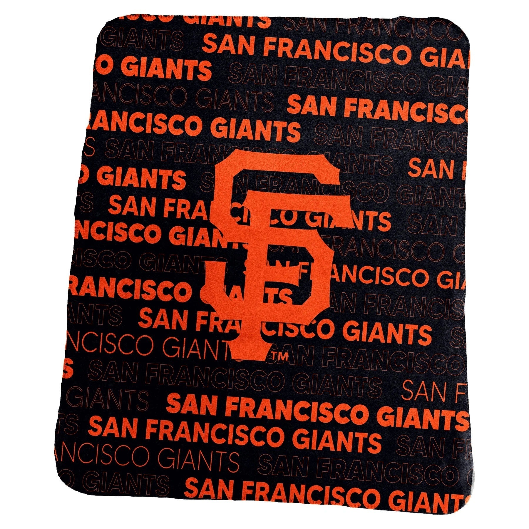 Fleece blanket with repeating San Francisco Giants text and orange team logo, 50x60