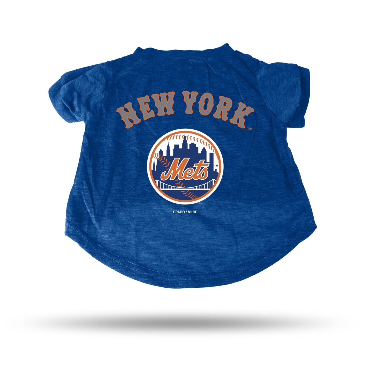 Blue pet T-shirt with New York Mets logo graphic