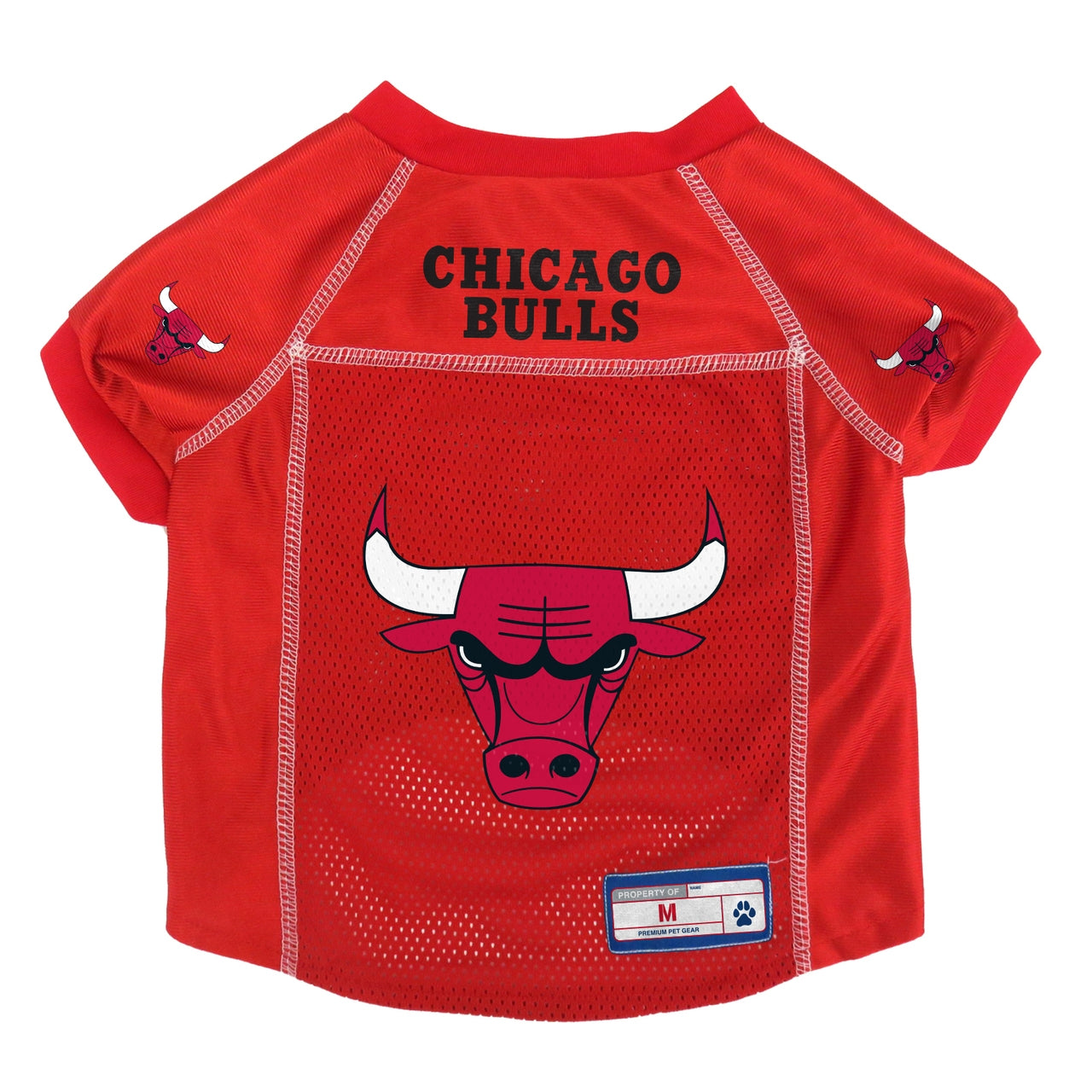 Red pet jersey with Chicago Bulls logo and text, mesh front and size M tag