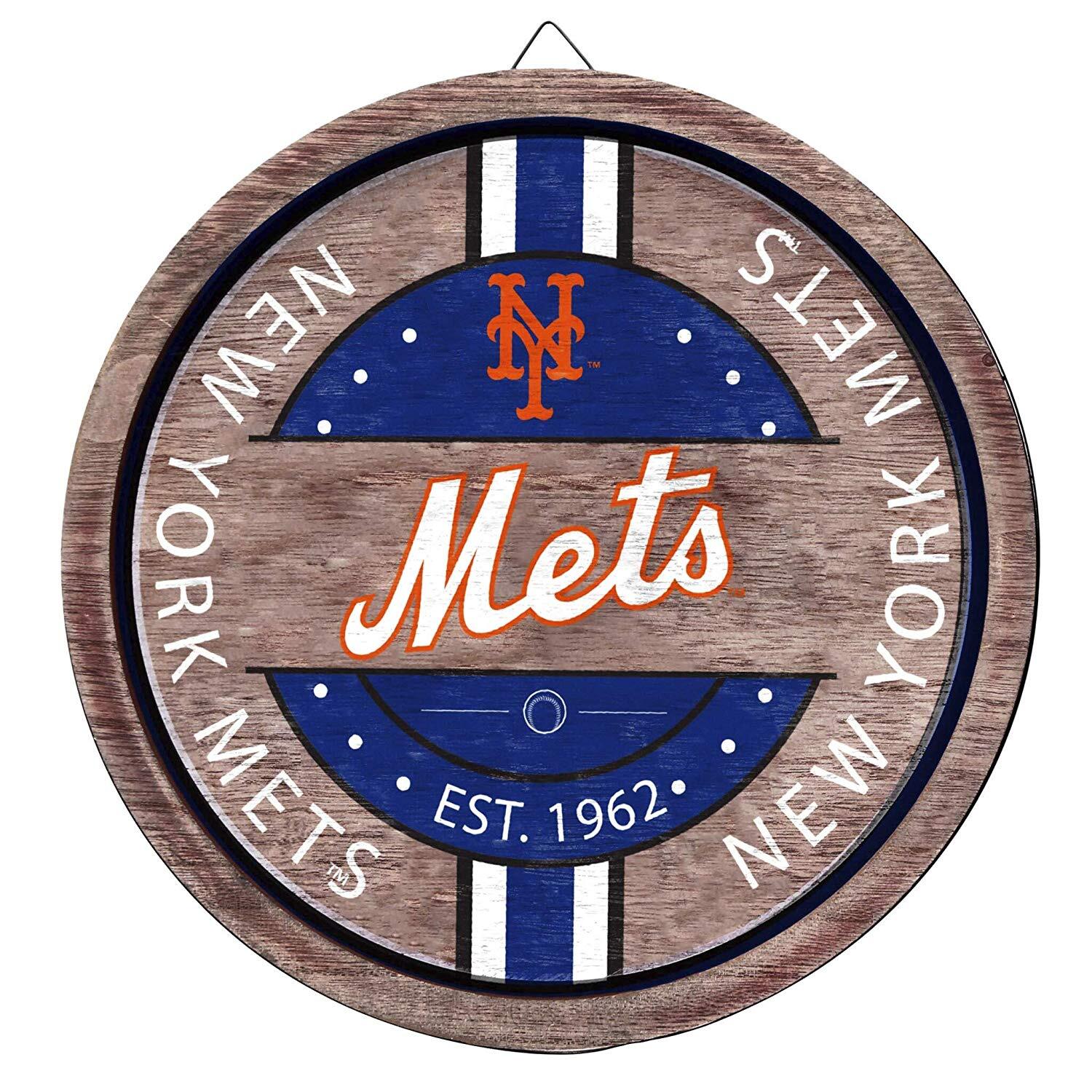 Distressed circular wooden barrel sign with Mets logo and Est. 1962 lettering