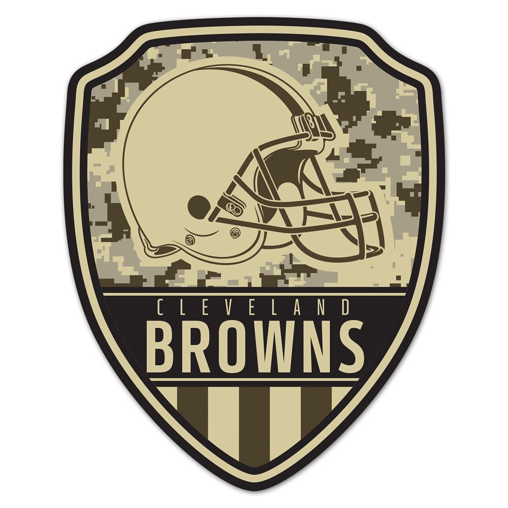 Cleveland Browns wood shield sign with football helmet graphic and “BROWNS” text