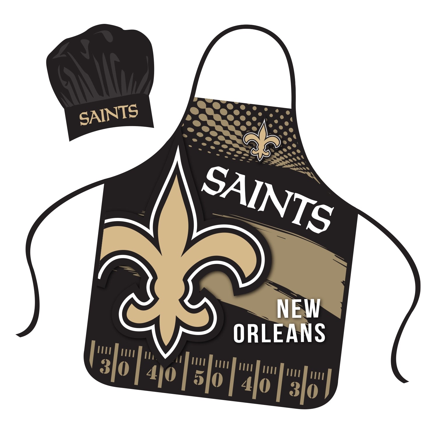 New Orleans Saints chef hat and apron set with fleur-de-lis and measuring graphics