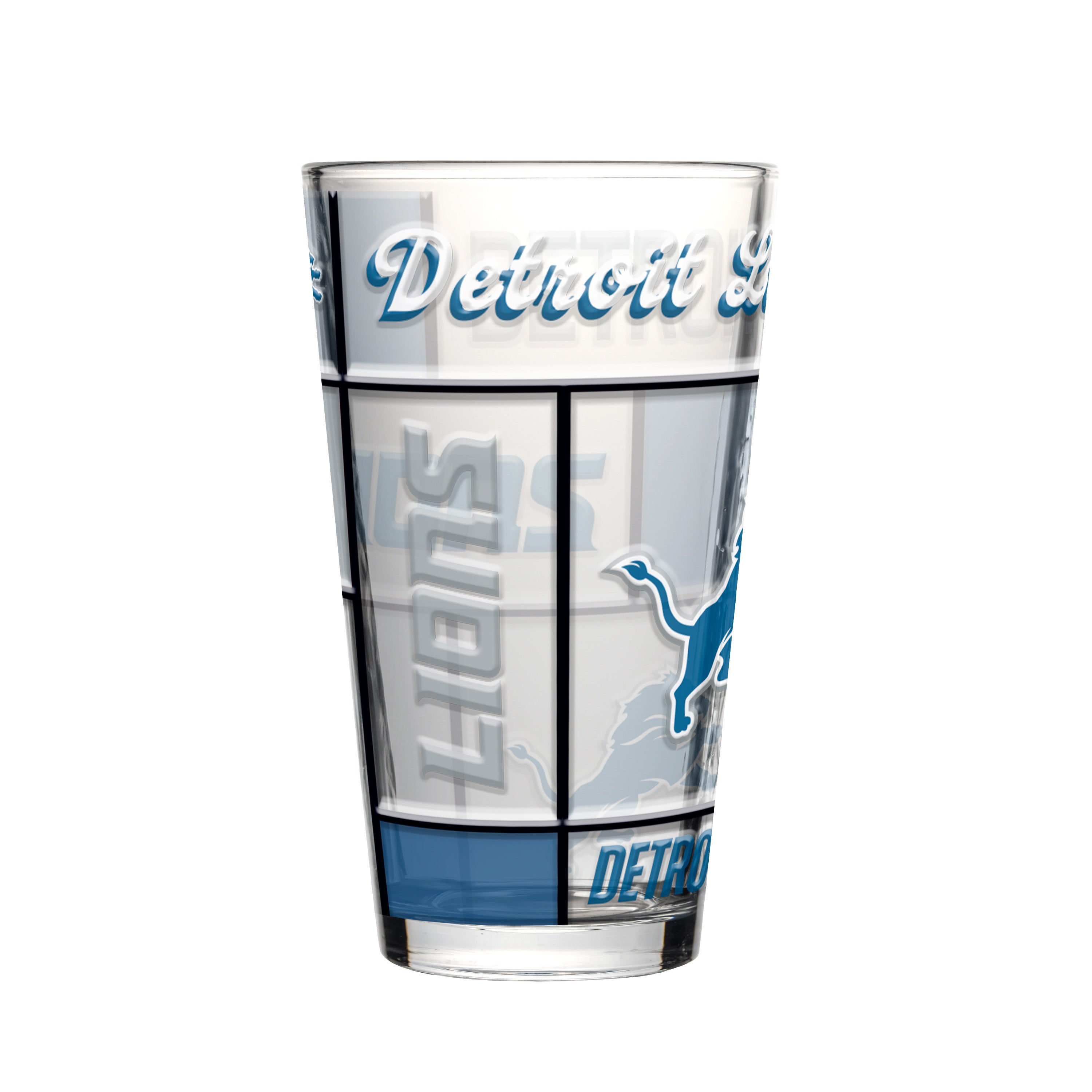 Pint glass with Detroit Lions stained-glass blue and white logo