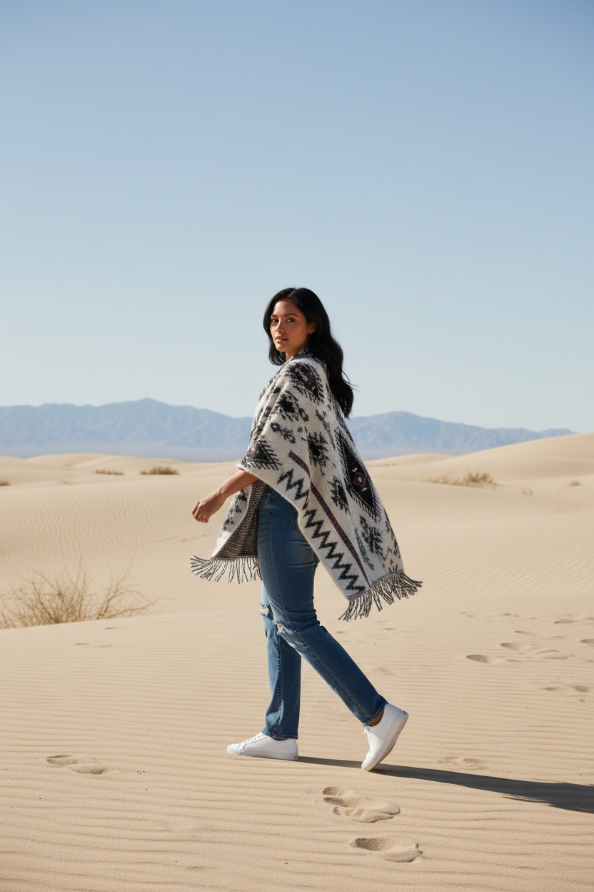Fuzzy Aztec Pattern Tassel Knit Ruana